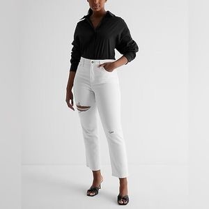 High Waisted White Ripped Straight Ankle Jeans